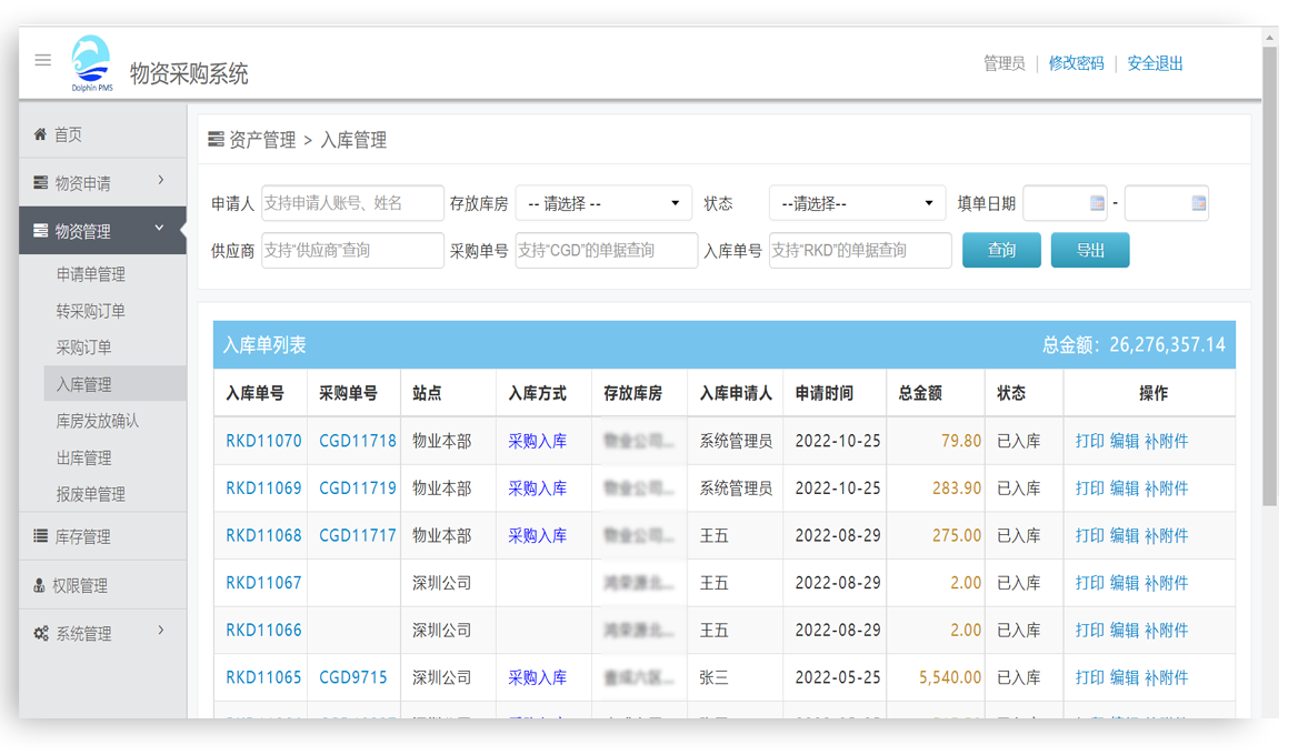 物资采购系统-出入库看板